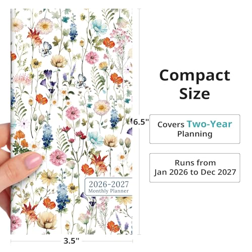 Pocket Calendar 2026-2027 for Purse, Two Year Monthly Planner Pocket Size, Jan 2026 to Dec 2027 Monthly Planner Small Size (6.5\" x 3.5\") - Wildflowers