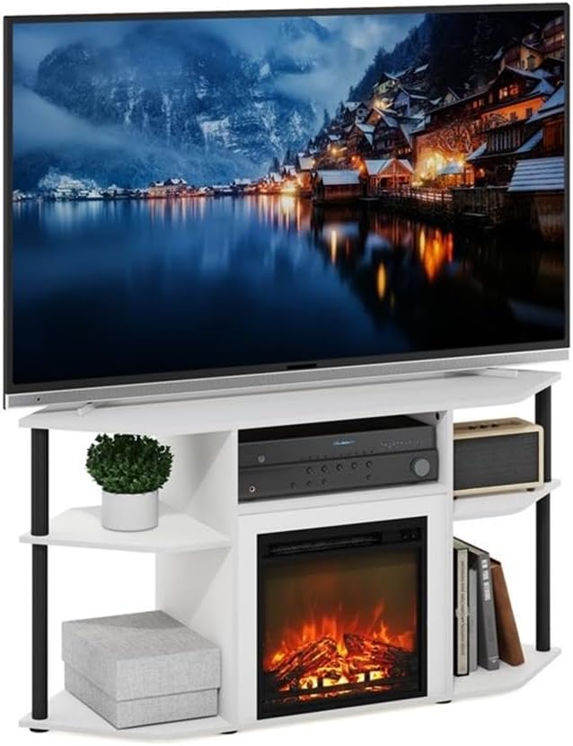 Pemberly Row Corner Fireplace TV Stand, Composite Wood, Solid White/Black, Fits TVs Up to 55 in, Open Shelves, Electric Fireplace Insert, Space-Saving Living Room Entertainment Center