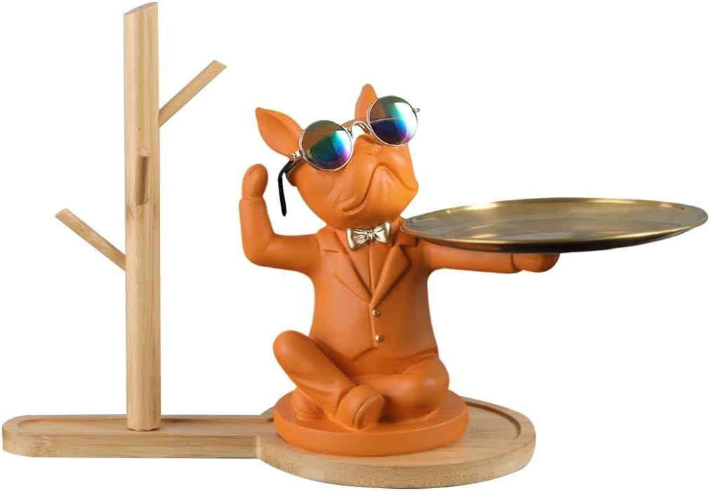Decorative Trays Glasses Dog Statue Coffee Table Decor, Key Tray Exquisite Jewelry Organizer Tray for Coffee Table, Phone Coin Change Perfume Watches and Candy Gold Tray ( Color : Orange With stand )