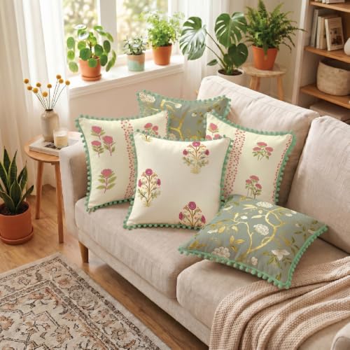 Image of Urban Space Cotton Cushion Cover Set of 5, 16 x 16 Inches, Decorative Throw Pillow Covers with Pom Pom, Printed Sofa Cushion Covers for Living Room, Home Decor (CC2, 40Cm x 40Cm, Set of 5)