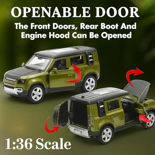 Image of GRAPHENE 1:36 Scale Diecast Metal Pull-Back Action Defender Toy Car Alloy Body Openable Doors Bonnet Boot Realistic Vehicle Toy for Boy Kids 2+yrs 2 3 4 5 6 7 8 Years Off Road (Pack of 1)