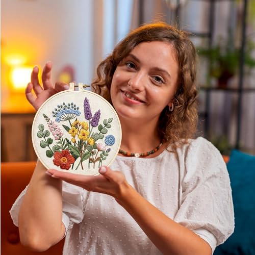 Image of Yinder 5 Set Starter Embroidery Kit for Beginners Boho Cross Stitch with Patterns Embroidery Hoops Instructions Floss Punch Needlepoint Kits DIY Crafts Adult Beginner Cross Stitch (Wildflowers)