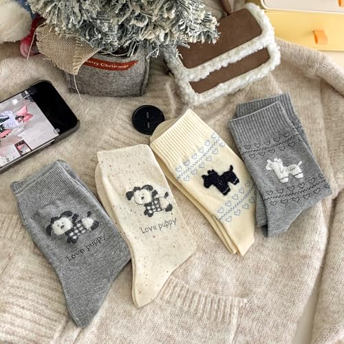 Image of 4 Pairs Women's Cute Crew Socks, Casual Athletic Cotton Puppy Pony Calf Novelty Socks for Women