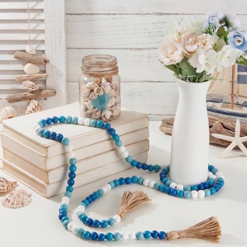 Image of Equsion Wooden Bead Garland with Tassels, Extra Long Fireplace Wood Bead Garlands Rustic Farmhouse Vintage Boho Beads Garland for Party Home Decor Tiered Tray Decorative Beads(Gradient Blue)