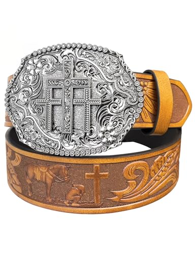 TOPACC Cowboy Belts for Men Women with Western Cross Buckle Cowgirl Country Belt for Jeans Pants