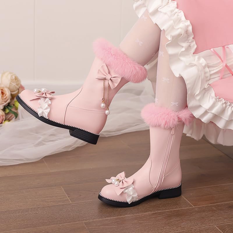 Caradise Women's Lolita Winter Boots Cute Bow Low Chunky Heel Mid Calf Warm Fur Lined Snow Short Boots with Zipper3