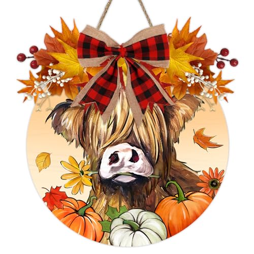Deroro Fall Highland Cow Front Door Sign, Autumn...