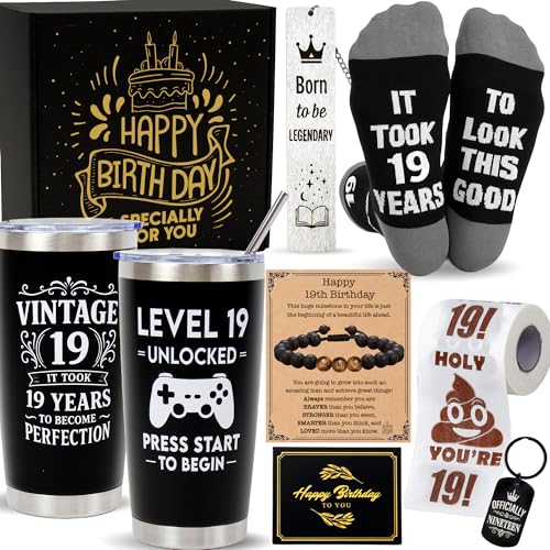 Zaiva 19th Birthday Gifts for Boys, 8 Pcs Gift Set, 19 Year Old Boy Birthday Gifts, Cool Gifts for 19 Year Old Boy , Gifts for 19 Year Old Bo y , Funny 19th Birthda y Gifts, Happy Birthda y boy