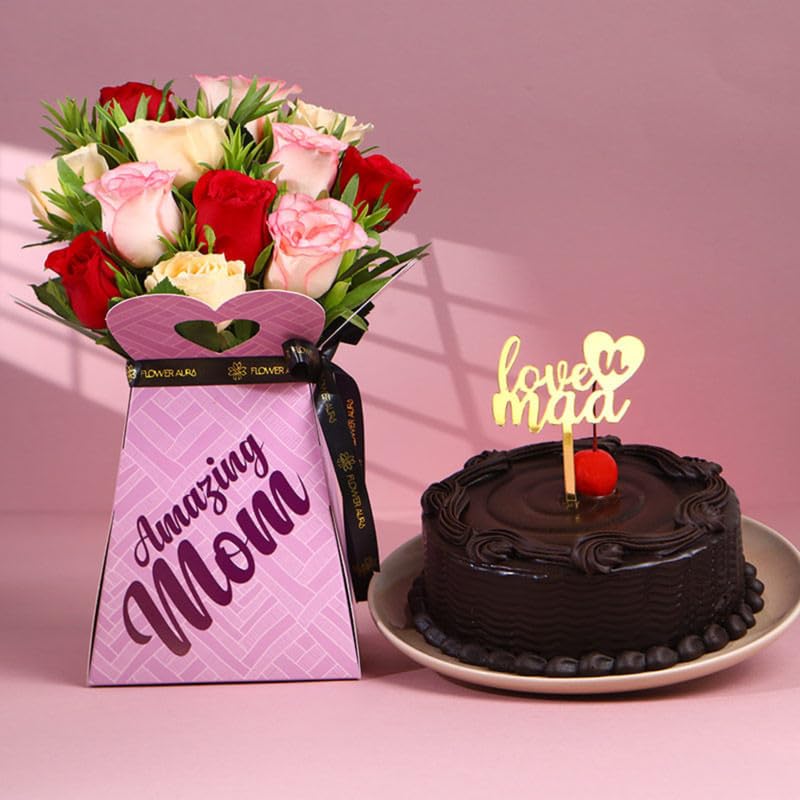 FlowerAura Premium Combo of Fresh Live 12 Mix Rose Flower Bouquet With Delicious 500g Chocolate Cake For Mother's Day Surprise & Birthday Gift For Mom | Mother | Maa | Mother-In-Law(Same Day Delivery)-image-33