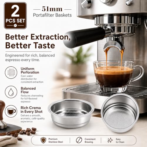 Image of 2PCS Coffee Strainer Basket, Portafilter Basket 51mm, Single Layer 1 Cup and Single Layer 2 Cup, Double Layer Stainless Steel, Fine Filter to Fully Extract, Espresso Machine Accessories