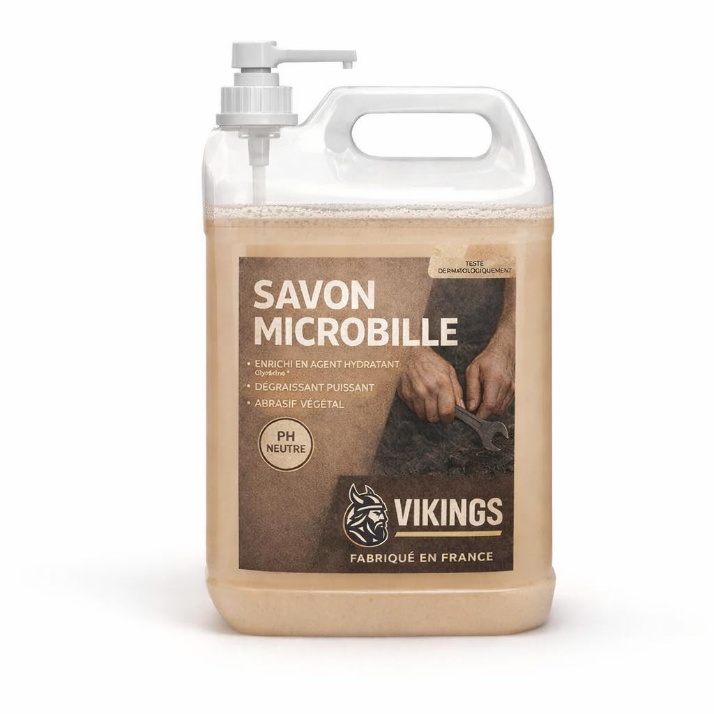 VIKINGS Savon Microbille Végétal, Gel Marron, 5 Litres, Abrasif Noyaux d'Olive, Enrichi en Glycérine, avec Pompe Doseuse, pour atelier et mécanicien