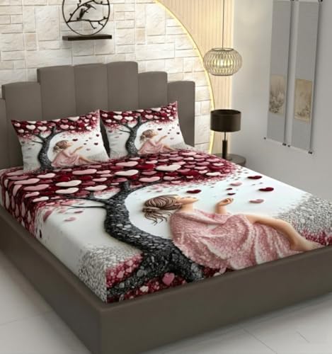 Image of Premium 7D Printed King Size Bedsheet Set with Pillow Covers Soft Cotton Blend Double Bedsheet for Home (Pillow Covers :18x28 inches Bedsheet :90x100 Red)