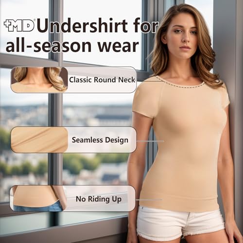 Image of +MD Women's Seamless Short Sleeve Undershirt, Light Compression Scoop Neck Tank Top, Tummy Control Basic Tee Camisole