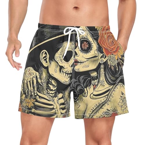 Mens Swim Trunks with Liner, Couple Skeletons Gothic Cool Quick Dry Beach Swim Shorts, Swimwear Bathing Suits S