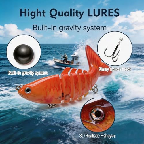 Image of Multi Jointed Swimbait Hard Lure, 3.7in Slow Sinking Fishing Lures with Realistic S-Shaped Swimming Action, Built-in Gravity Transfer System & #6 Treble Hooks for Bass, Trout, Pike, Topwater Lure