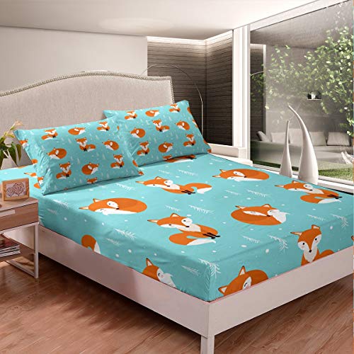 Loussiesd Kids Bed Sheets King Size Cute Fox Print Bed Sheet Set For Boys Girls Bedroom Cartoon Kawaii Woodland Fox Wild Animal Bedding Set Children Toddler Fitted Sheet + Flat Sheet + 2 Pillow Case - Image 2