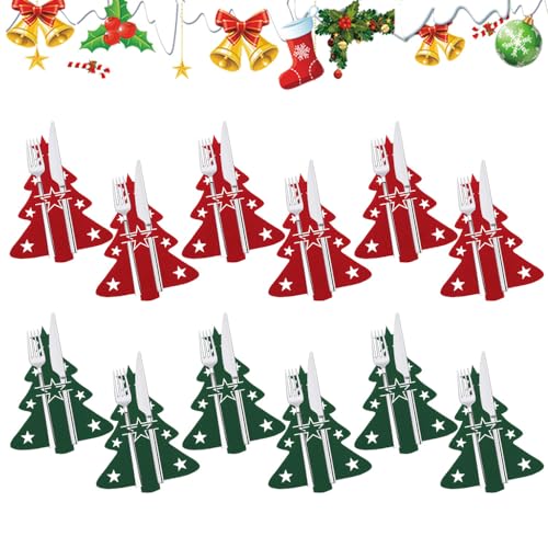 REFORUNG 12 PCS Porta Cubiertos Navideños Bolsas para Cubiertos de Navidad en Forma de Árbol de Navidad Porta Cucharas Navideños de Tela No Tejida Bolsita para Cubiertos de Navidad - Rojo y Verde