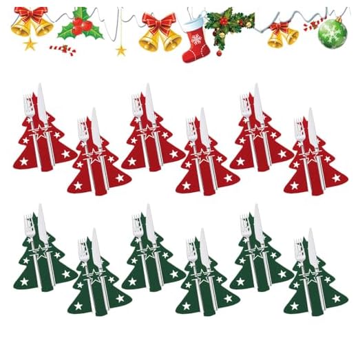 REFORUNG 12 PCS Porta Cubiertos Navideños Bolsas para Cubiertos de Navidad en Forma de Árbol de Navidad Porta Cucharas Navideños de Tela No Tejida Bolsita para Cubiertos de Navidad - Rojo y Verde