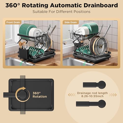 Image of 2 Tier Dish Drying Rack, Expandable Dish Racks for Kitchen Counter, Space Saving Collapsible Dish Drying Rack, Multi Function Dish Rack, with Drainage Board, Utensil Rack, Cup Rack and Pot Racks