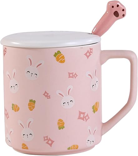 Bonita taza de cerámica con tapa y cuchara, taza Kawaii, taza de café, taza de té, taza de leche, taza de regalo rosa 15.2 fl oz15oz