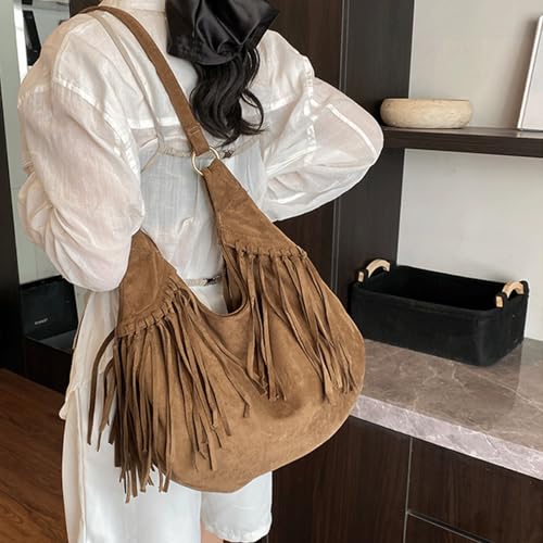 Slouchy Shoulder Bag Spacious Suede Fringe Shoulder Bag for Women Vintage Slouchy Hobo Tote Purse Western Fringe Handbag 20252