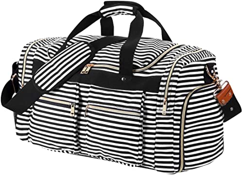 Weekender Overnight Duffel Bag Shoe Pocket For Women Men Weekend Travel Tote Carry On Bag (Stripe Black- 0.6Cm) #TOP7