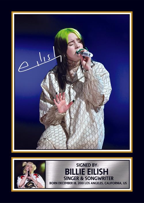 Billie Eilish Live Concert Portrait Printed Signed Poster Print – Autograph Style Singer Wall Art – Pop Music Memorabilia Collectible Photo, A3 Poster Print (420x297mm)