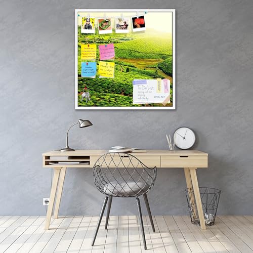 Image of ArtzFolio Tea Plantations, Munnar, Kerala | Bulletin Board Notice Pin Board | Vision Soft Board Combo with Thumb Push Pins & Sticky Notes | White Frame | 28 x 28 inch (71 x 71 cms)