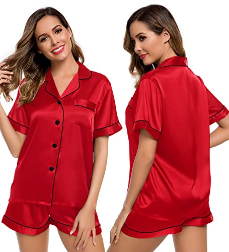 Image of LecGee Womens Silk Satin Pajamas Short Sleeve Loungewear Two-Piece Sleepwear Button-Down Pj Set