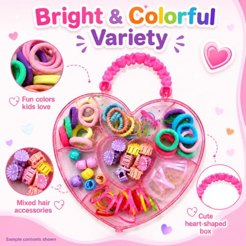 Image of Hair Accessories for Kids Girls | Heart Shaped Storage Box with Rubber Bands, Hair Ties, Mini Claws, Beads & Flower Clips | Baby Girl Hair Accessories Set | Cute Clips for Kids | Mixed Designs | GogoPogo