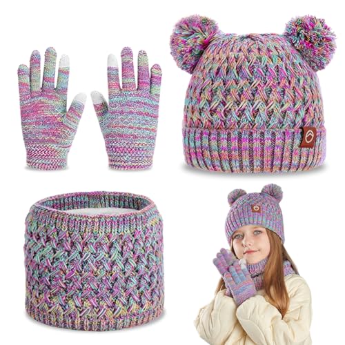 JhavexToy Conjunto de gorro, bufanda y guantes de invierno para niños, Gorro Sombreros de Punto con Pompón Braga Cuello Guante Regalos, gorros de punto, gorros regalo para niñas y niños