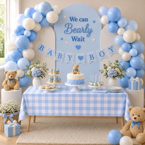 Image of Blue Orchards Light Blue Gingham Table Cover (Pack of 3 with 20 Glue dots) - 54 inchx108 inch XL - Light Blue and White Checkered Picnic Tablecloth, Baby Shower Decoration, Outdoor Birthday Party Supplies