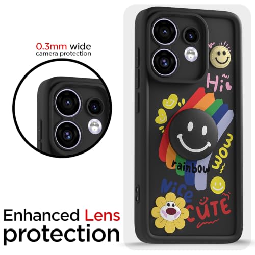 Image of Pikkme Back Cover for Oppo Reno 16 5G | Soft Silicone| Cute Rainbow Smile & 3D Cartoon Flower Design | Shockproof Raised Camera Protection Bumper Case (Black)