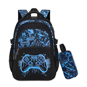 Byitin Rucksack Schulrucksack Set 2-teilig mit Federmäppchen Jungen Teenager, Schulranzen Kinder Schule, Leuchtende Gaming Schultasche Groß mit USB Ladeanschluss, für Grundschule & Sekundarstufe