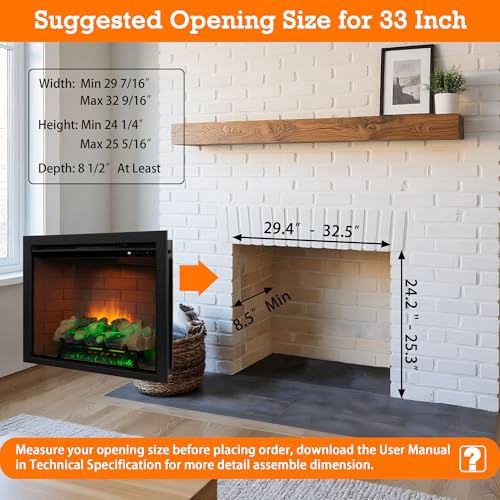 Image of Electric Fireplace Insert w /Top Light, 12x12x12 Flame Color Option with Fire Crackling Sound, 33″Wx25 1 /2″H, 750W /1500W Eco Heater, Remote & Button Control, Black