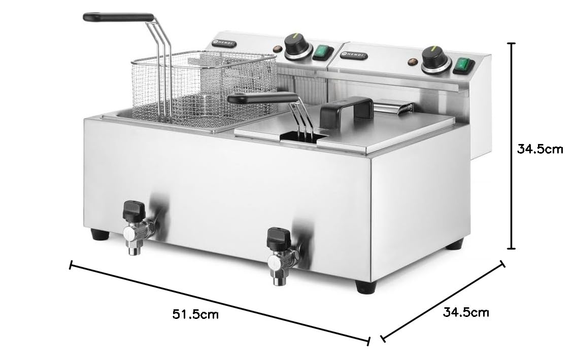 HENDI Freidora eléctrica, T ajustable hasta 195°C, termostato de seguridad, zona fría, con tapa y cesta de freír, con grifo de drenaje, 2x8L, 230V, 2x3500W, 605x515x(H)345mm, acero inoxidable 18/0