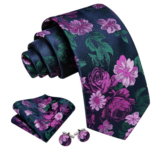 Image of Barry.Wang Flower Ties for Men Handkerchief Cufflinks Set Wedding Necktie Set Party