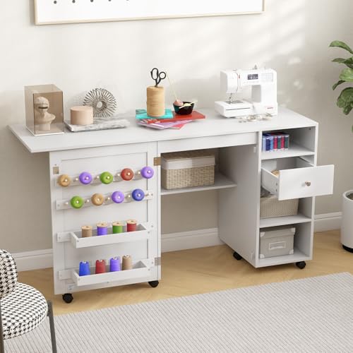 GIANTEX Armario de Costura Plegable con 6 Ruedas, Mesa de Coser con Estantes, Cajón y Soportes para Carretes de Hilo, Mesa Multiusos 2 en 1 para Dormitorio, Salón y Estudio, Blanco