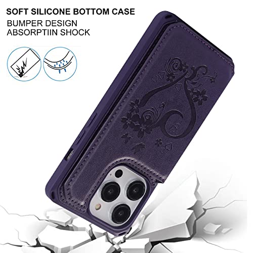 Image of Cavor for iPhone 14 Pro Case with Card Holder,for iPhone 14 Pro Wallet Case for Women Men,Phone Case for iPhone 14 pro with Stand Credit Card Holder, Leather Strap Shockproof Cover- Dark Purple