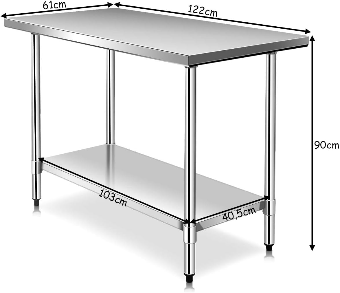 COSTWAY Mesa de Trabajo Acero Inoxidable, 122 x 61 x 90 cm, Mesa de Preparación de Comida de 2 Niveles, Estante Inferior Ajustable, Capacidad de Carga 250 kg, Estante Mesa Acero para Bar, Restaurante