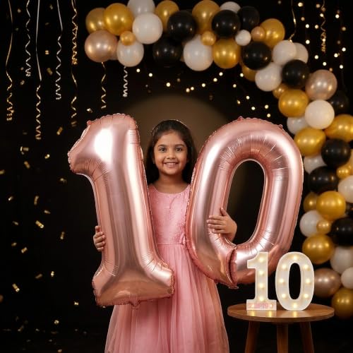 Image of Balloonistics Rose Gold 40-Inch Foil Number 10 Balloon with Matching LED Marquee Light - Combo Set for 10th Birthday, Anniversary, Party Decoration, Photo Booth Backdrop