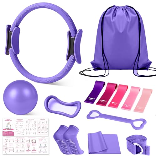 Home Pilates Kit for Women, Essentials Pilates Equipment Set with 14‘’ Pilates Ring and Mini Ball, 5 Resistance Bands & Accessories, Tutorial Charts, Pilates Ring Set for Beginners Workout at Home