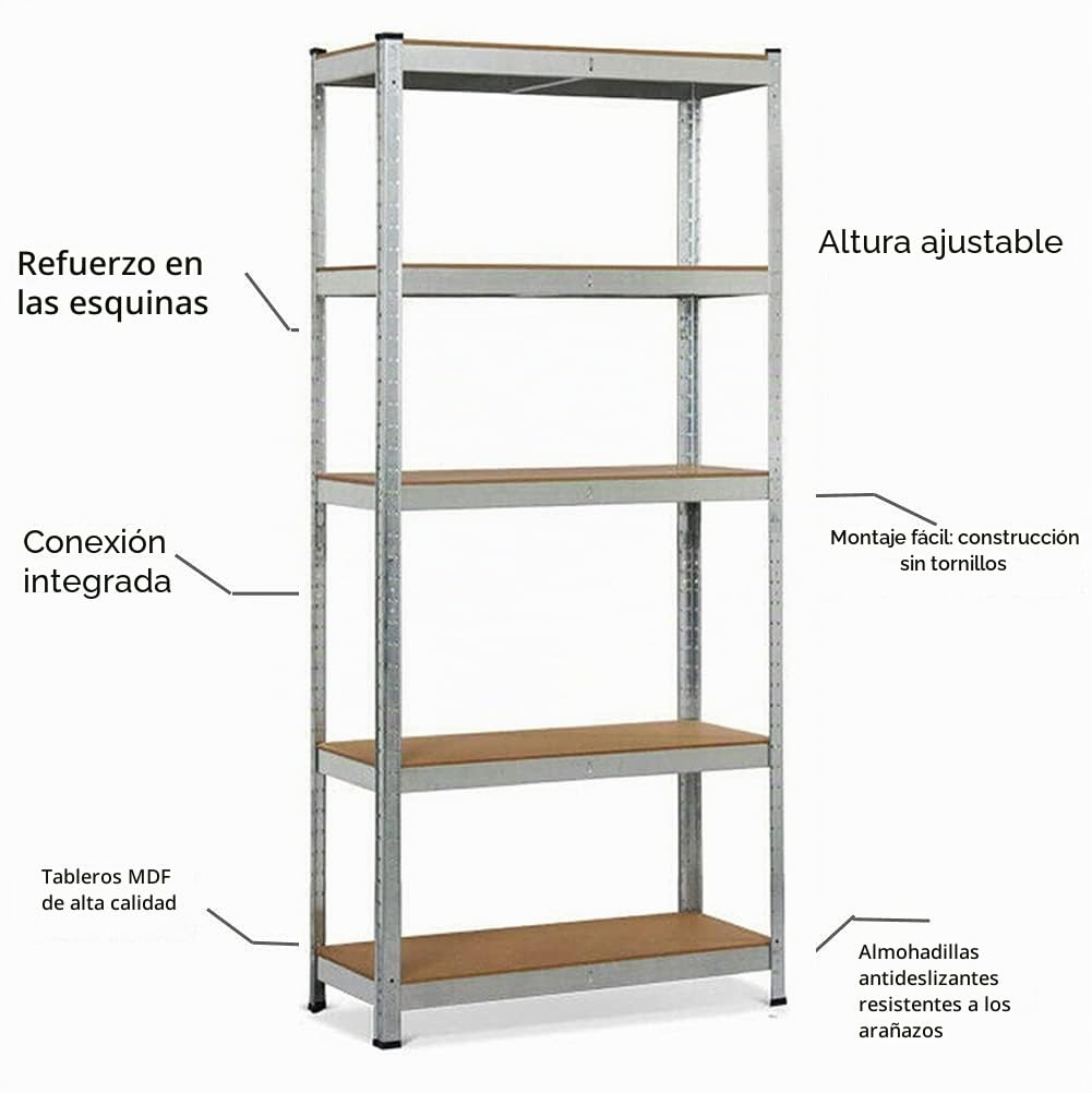Estantería para cargas pesadas de 200 cm x 100 cm x 50 cm, 5 estantes, para sótano, 875 kg de capacidad de carga, estantería de metal para garaje, taller, despensa, color plateado