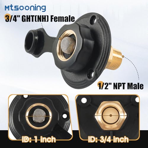 Image of RV City Water Fill Inlet with Check Valve, 3 /4 NH Female to 1 /2 NPT Male RV Water Hose Flange Brass Connector Replacement for RV Camper Motorhome Trailer Marine Black