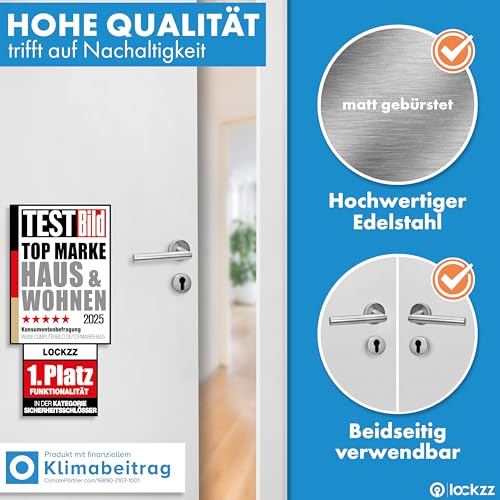lockzz Türgriff Drückergarnitur Würzburg, Edelstahl matt gebürstet, Türbeschlag für Wohnungseingangstüren beidseitig Drücker, Rund-Rosette, L-Form, PZ - Profilzylinder
