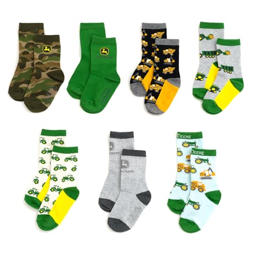 John Deere Construction Truck Tractor Toddler Boys 7 Pack Crew Socks Green Black Gray Blue Camo 2-4T