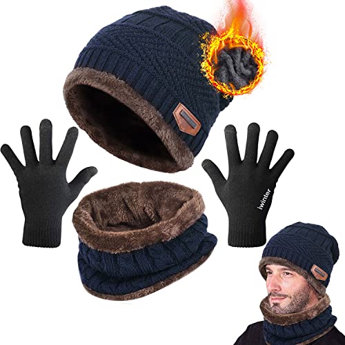 CheChury Bufanda Gorro Guantes Beanie Unisexo Set de Bufanda Conjunto de Guantes Táctiles Antideslizante Punto Sombreros Invierno Regalos Hombre Mujer,Azul,Onesize