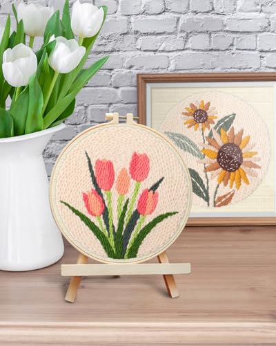 Image of ERKOON Punch Needle Kit Adults Beginners, 2 Pcs DIY Easy Flower Embroidery Set for Starter Art Craft, Needling Punching Project with Patterns, Tools, Yarns, Hoop, Instruction (Sunflowers & Tulips)