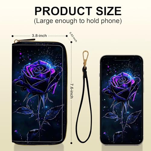 Women's Card Holder Wristlet Wallet, Convenient Travel Long Wallet with Strap and Pink Compact Mirror, Fashion and Sturdy Wristlet Long Purse for Women, Purple Dark Rose3