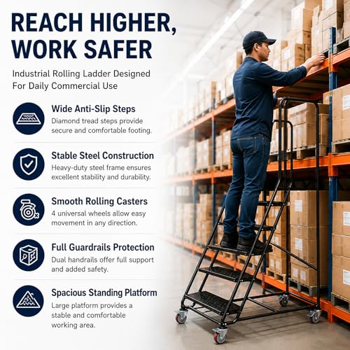 Image of 6 Step Rolling Ladder with Handrails, 880 lbs Capacity Heavy Duty Steel Mobile Warehouse Ladder with Locking Wheels, Non-Slip Rolling Stairs with Large Platform for Garage, Stockroom, Library